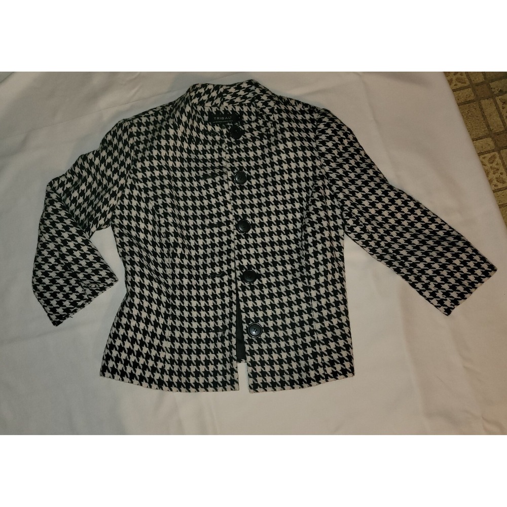Tribal Womens Sz 4 Houndstooth Jacket Wool Blend Button Coat Blazer Black White